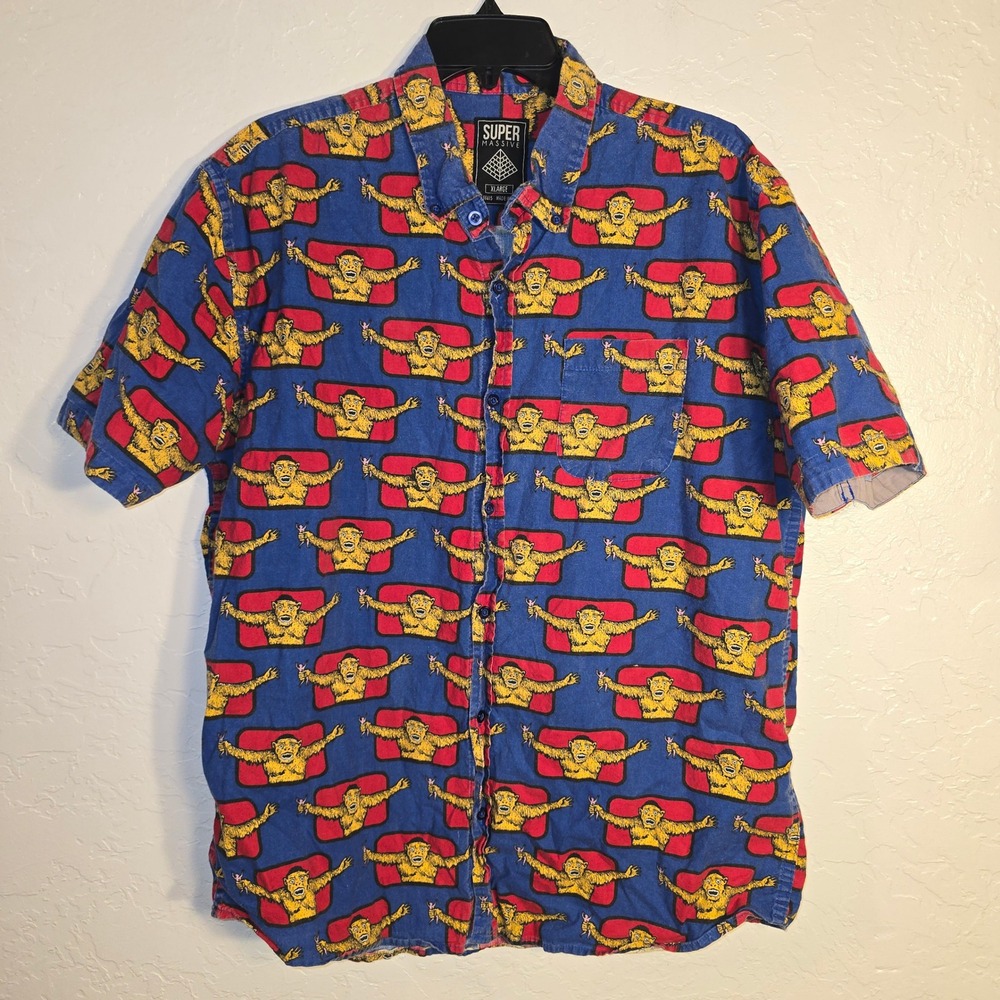 SUPER MASSIVE Mens XLARGE Blue Red Rampage Monkey Graphic SS Button Up Shirt
